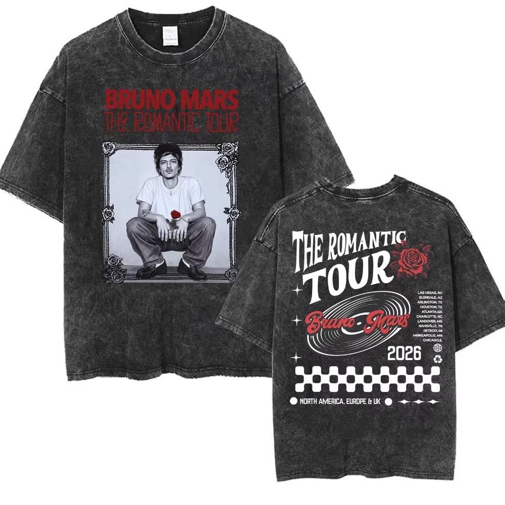 Bruno Mars The Romantic Tour 2026 Vintage Washed T Shirt Men Women Fashion Hip Hop Pop Music T-shirt Summer Casual Cotton Tshirt