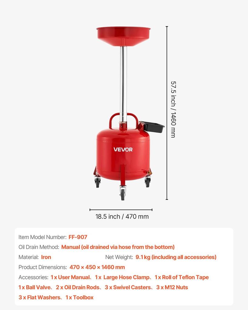 30L Waste Oil Drain Tank, Industrial Fluid Drain Tank with Adjustable Funnel Height, Portable Oil Drainer with Wheels & Toolbox, Fluid Fuel Transfer
