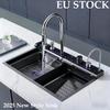 304 New Digital Display Waterfall Sink Stainless Steel Kitchen Sink With Smartphone Holder Embossed Large Single Slot Wash Basin