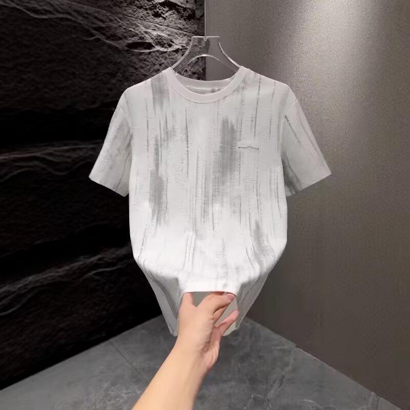Крутая футболка с разводами, Синяя драпирующаяся мужская футболка с круглым вырезом и коротким рукавом, Корейская версия слегка свободной короткой футболки в стиле хип-хоп