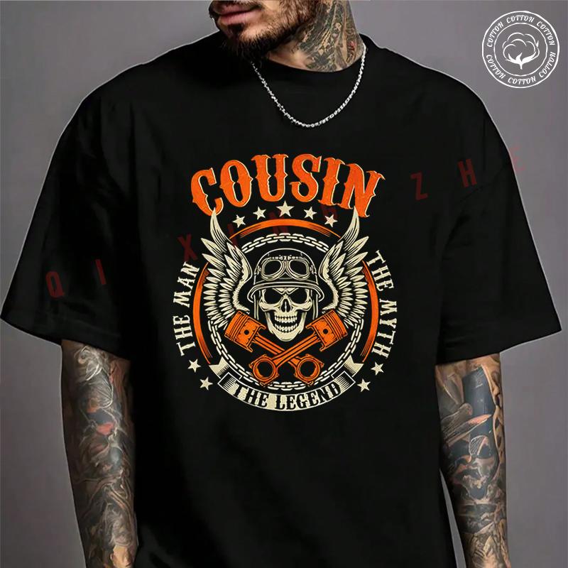 Vintage Biker Cousin Motorcycles Biker For Fathers Day T-Shirt Men's Cotton Summer Casual Short