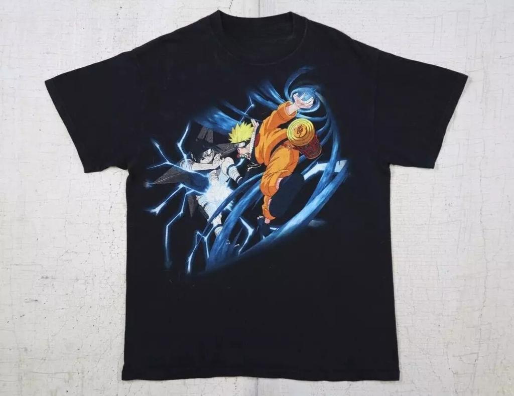 Vintage 2002 Teen Jumping Naruto Giant Thunder Print Anime T-Shirt Summer New Men's and Women's Anime Streetwear