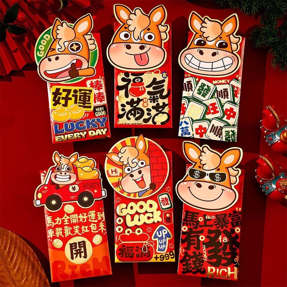 6pcs Traditional 2026 Horse Year Red Envelope Cartoon Red Packet Lucky Money Pouch Spring Festival