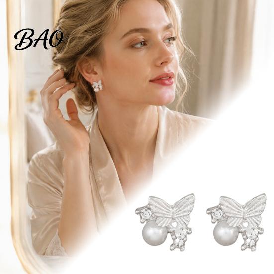Sparkling Rhinestone Earrings 1 Pair Butterfly Stud for Women, Sparkly Faux Pearl Dainty Gold Tone Earrings, Glitter Cubic Zirconia Jewelry