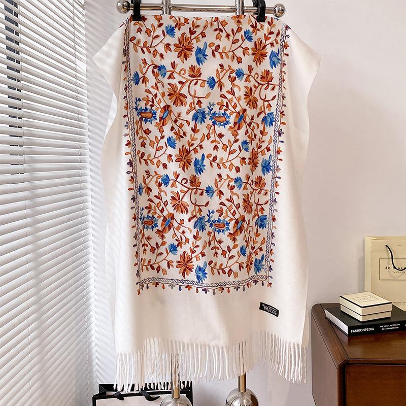 Ботанические цветы, винтажная вышивка индивидуальности, кисточки, этническая вышивка, женский теплый шарф