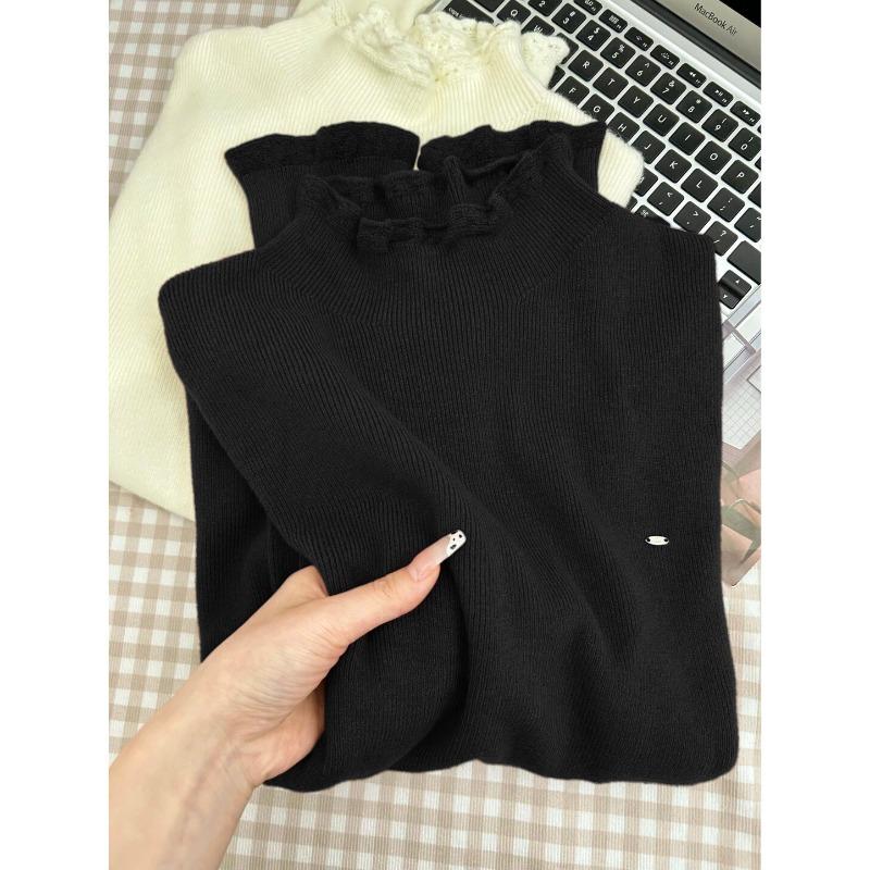 Красивая кружевная водолазка, вязаная базовая рубашка для женщин на осень и зиму, надеваемая внутрь, топ с длинными рукавами, мягкий восковой свитер