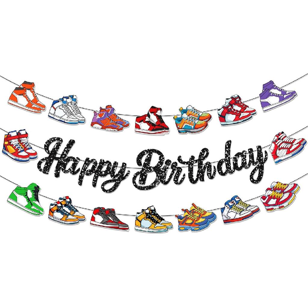 3Pcs Sneaker Decorations, Happy Birthday Banner, Sneaker Party Decorations,Sports Theme Backdrop for Sneakerhead Events