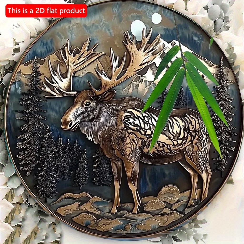 2d Flat 20*20cm, Majestic Moose and Nature Scene, Round Wooden Wall Art, Outdoor Decor, Wooden Wall Sign, for Home, Kitchen, Bedroom, Bar.