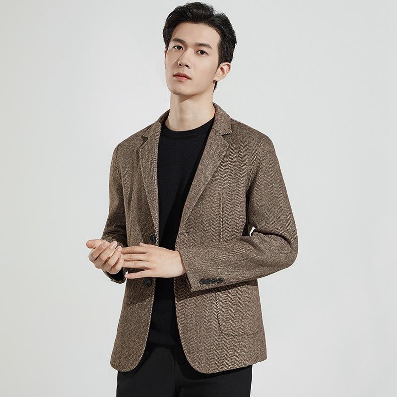 Весна и осень, мужской простой короткий шерстяной двусторонний односторонний пиджак в стиле вестерн с узором «елочка» для молодых мужчин