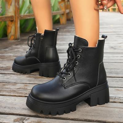 Классические массивные ботильоны на платформе женские на шнуровке теплые утепленные плюшем зимние ботинки женские на толстой подошве из искусственной кожи мотоциклетные боты