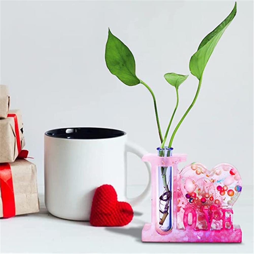 Diy Silicone Mold Love-shaped Photo Frame Flower Arrangement Device Desktop Decoration Epoxy Resin Die (including 3 Transparent Test Tubes)