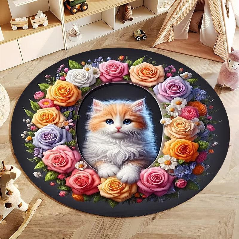 Floral Cat Round Rug for Cozy Living Spaces round carpet for home sofa bedroom, gift