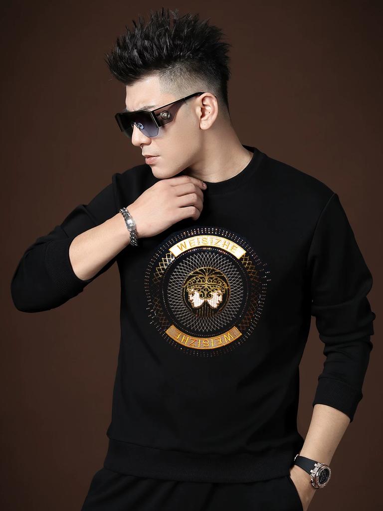 European High-End Embroidered Long-Sleeve Men's T-Shirt, 2025 Autumn and Winter New Trendy Slim-Fit Pullover Crew Neck Sweatshirt