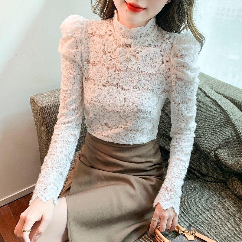 2023 Осенняя кружевная блузка с воротником-стойкой, женская элегантная блузка с длинными рукавами и низом, Mujer, белые женские рубашки 29175