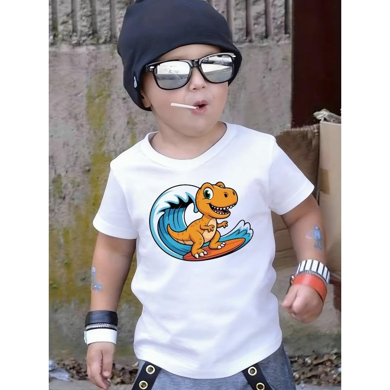 Boys Crew Neck Short Sleeve T-Shirt with Surfing Dinosaur Print