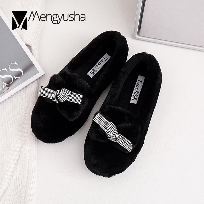 Модные женские мокасины с кристаллами и мехом, зимние мокасины с бантом, теплые туфли на плоской подошве с круглым носком, криперы, плюшевые, удобные, меховые, хлопковые туфли для женщин