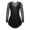 Kids Girls Stylish Dress Long Sleeve Sparkly Rhinestone Patchwork Style Gymnastics Leotard Dress Dancewear