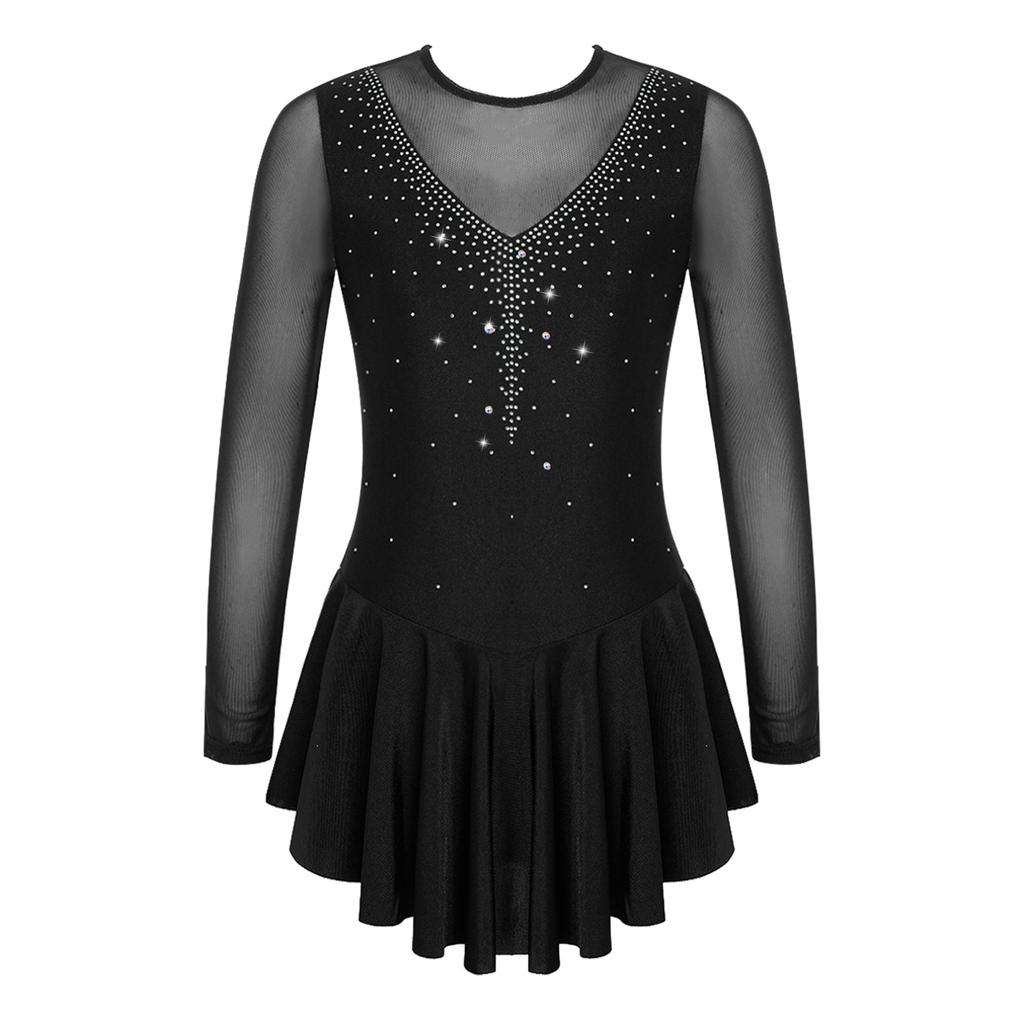 Kids Girls Stylish Dress Long Sleeve Sparkly Rhinestone Patchwork Style Gymnastics Leotard Dress Dancewear