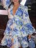 Summer Fashion Elegant Sexy Mini Dress Women Retro Print Floral Flower V Neck Party Dresses France Chic New Design Vintage Aesthetic Clothes