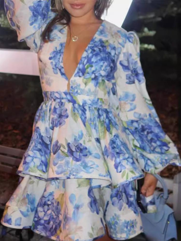 Summer Fashion Elegant Sexy Mini Dress Women Retro Print Floral Flower V Neck Party Dresses France Chic New Design Vintage Aesthetic Clothes