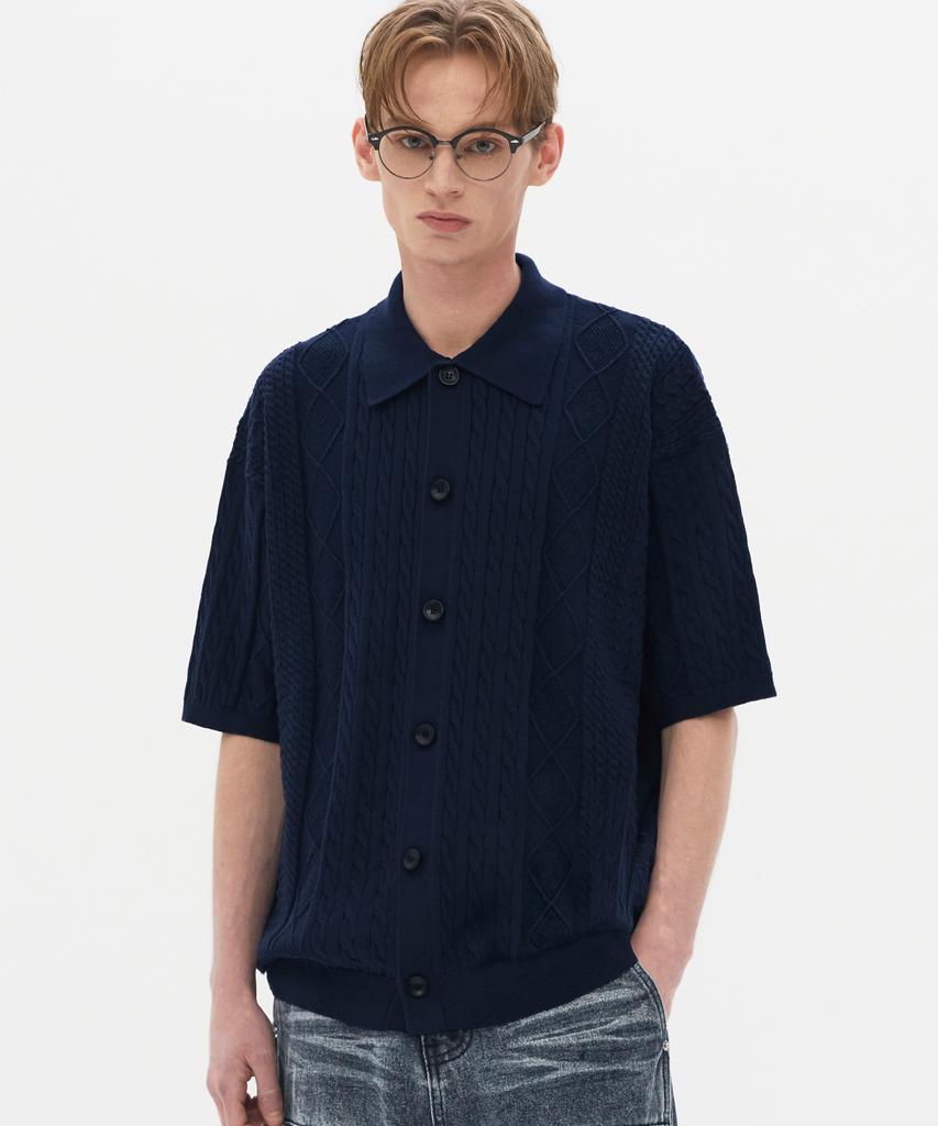 TRILLION Washable Cable Half Sleeve Button-Up Knit (Navy)
