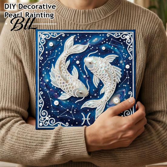Faux Pearl Painting Crafts DIY Kit, 12 Zodiac Signs Rhinestone Art Set for Kit Adults Beginners, Handmade Wooden Frame Fake Wall Decoration
