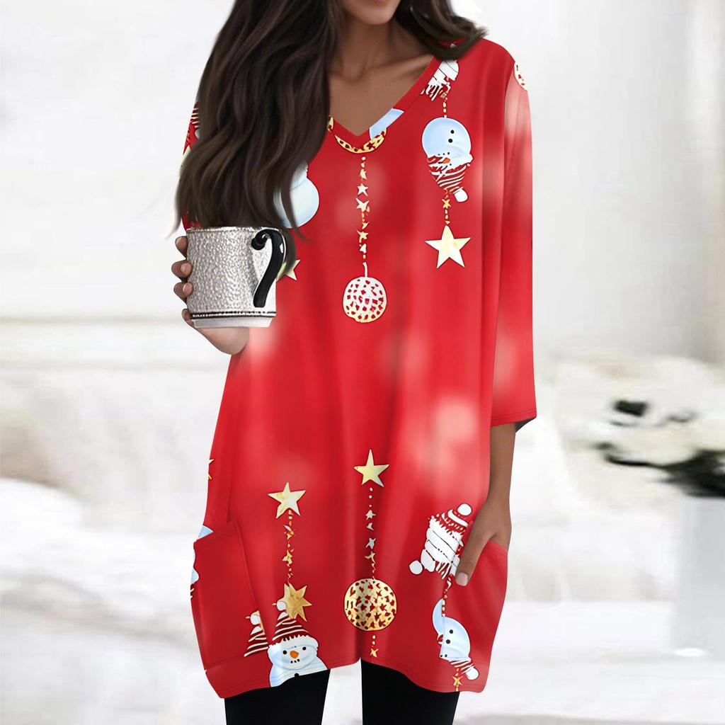 Женские топы с V-образным вырезом и рукавом 3/4, повседневные блузки средней длины, модные туники с рождественским принтом и карманами