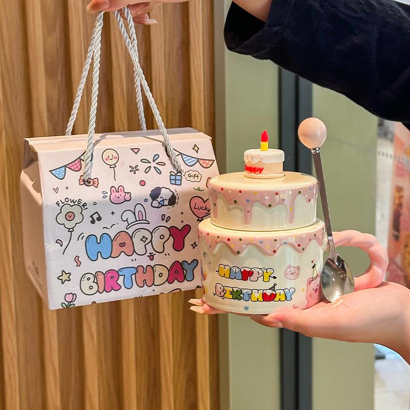 Cute Birthday Cake, Ceramic Mug, Girl Girlfriend, High-value Gift, Practical and High-end Cup Gift Box.