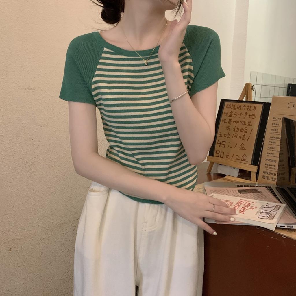 Summer Temperament Shoulder-length Contrasting Stripes Versatile Ice-cool Knitted Sweater Short-sleeved T-shirt Women's Top