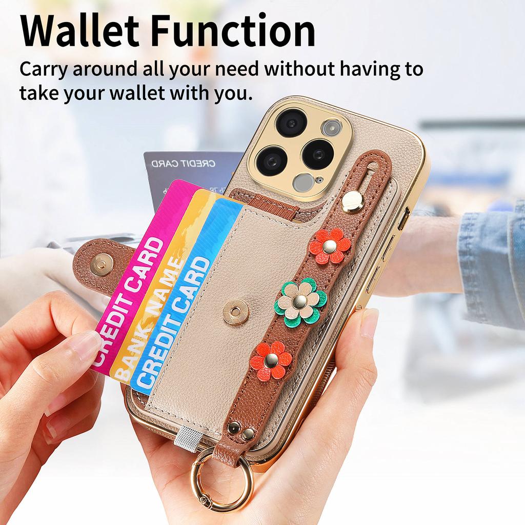 Card Holder Ring Wrist Strap Leather Phone Case for iPhone 16 15 14 13 12 11 Pro Max Plus Protective Shockproof Cover