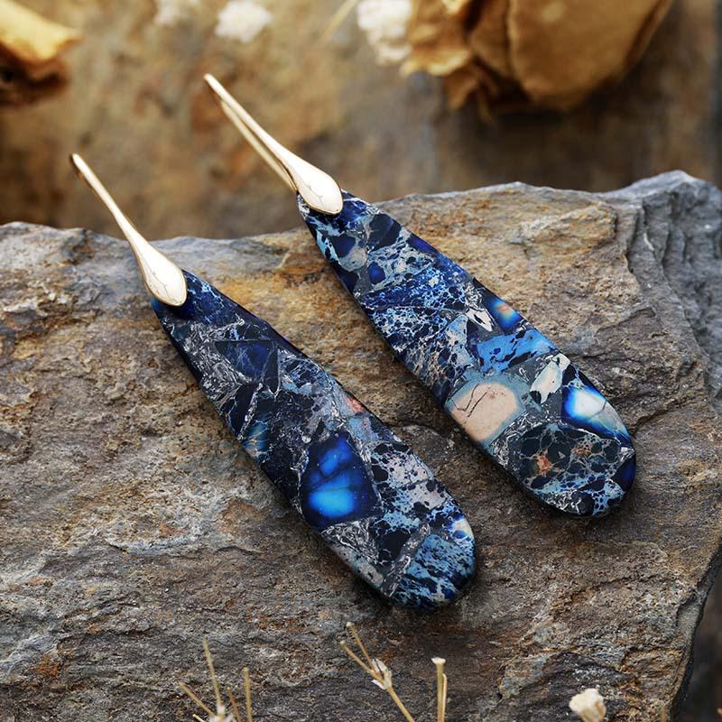 BLINGBAY Women's Bohemian Vintage Natural Stone Drop Earrings Colorful Resin Inlay Long Dangle Earrings Ethnic Jewelry Gift