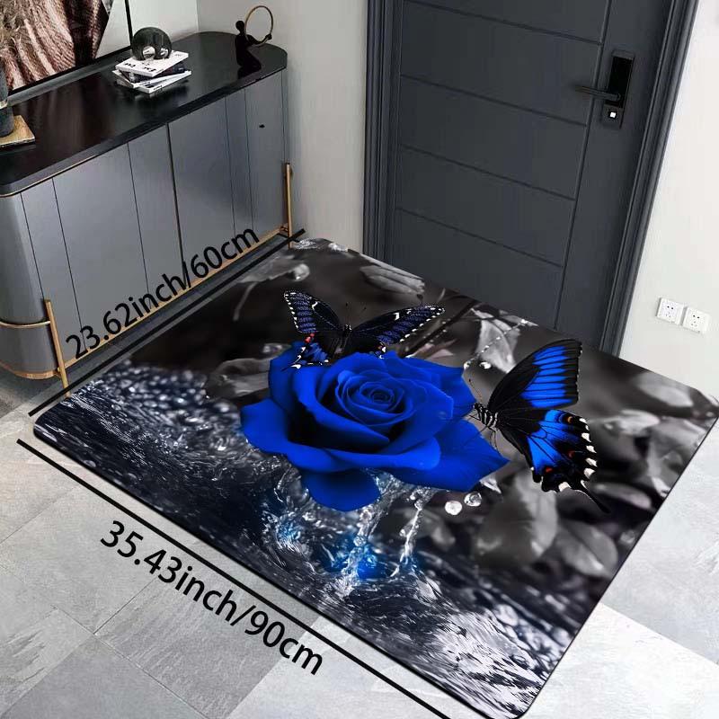 Elegant Blue Rose and Butterfly Floral Area Rug, Soft Non-Slip Indoor Outdoor Floor Mat for Kitchen Bathroom and Home Decor