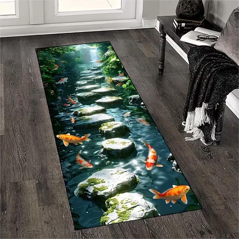 3D Illusion Koi Fish Runner Rug Realistic Pond Design Soft Non Slip Hallway Carpet Floor Protection Decoration Floor Mat