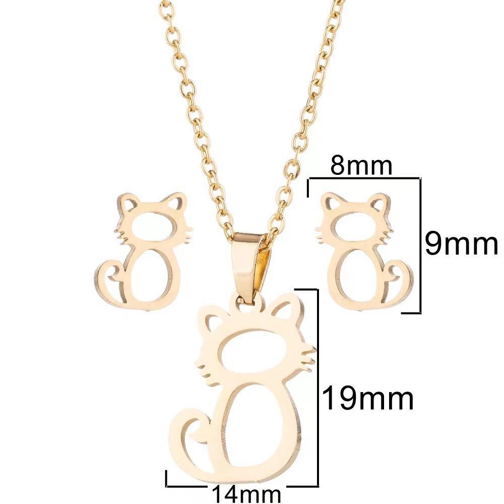 2pcs Set Korea Fashion Hollowed-out Cute Little Cat Stud Earrings Necklace Set for Women New Design Stainless Steel Jewelry Gift