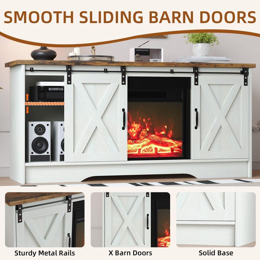 ТВ-тумба с камином и раздвижной амбарной дверью, развлекательный центр с электрическим камином 23 дюйма и регулируемыми шкафами для хранения, фермерский дом