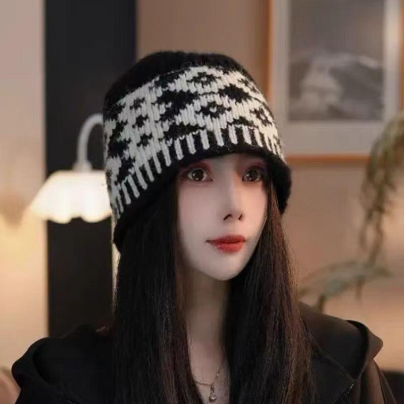 Knitted hat bucket hat autumn and winter retro rhombus warm ear protector cold hat wool hat