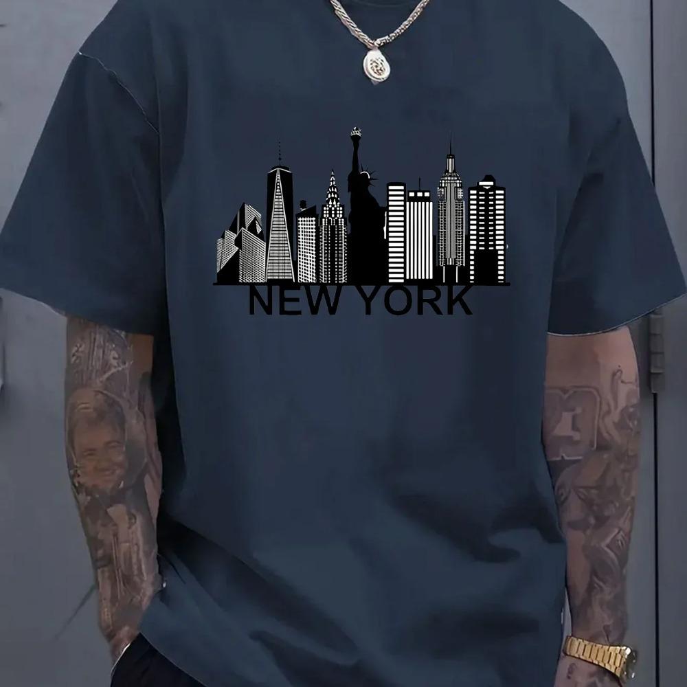 Летняя футболка из чистого хлопка с принтом городского пейзажа, мужская хлопковая футболка, повседневный круглый вырез