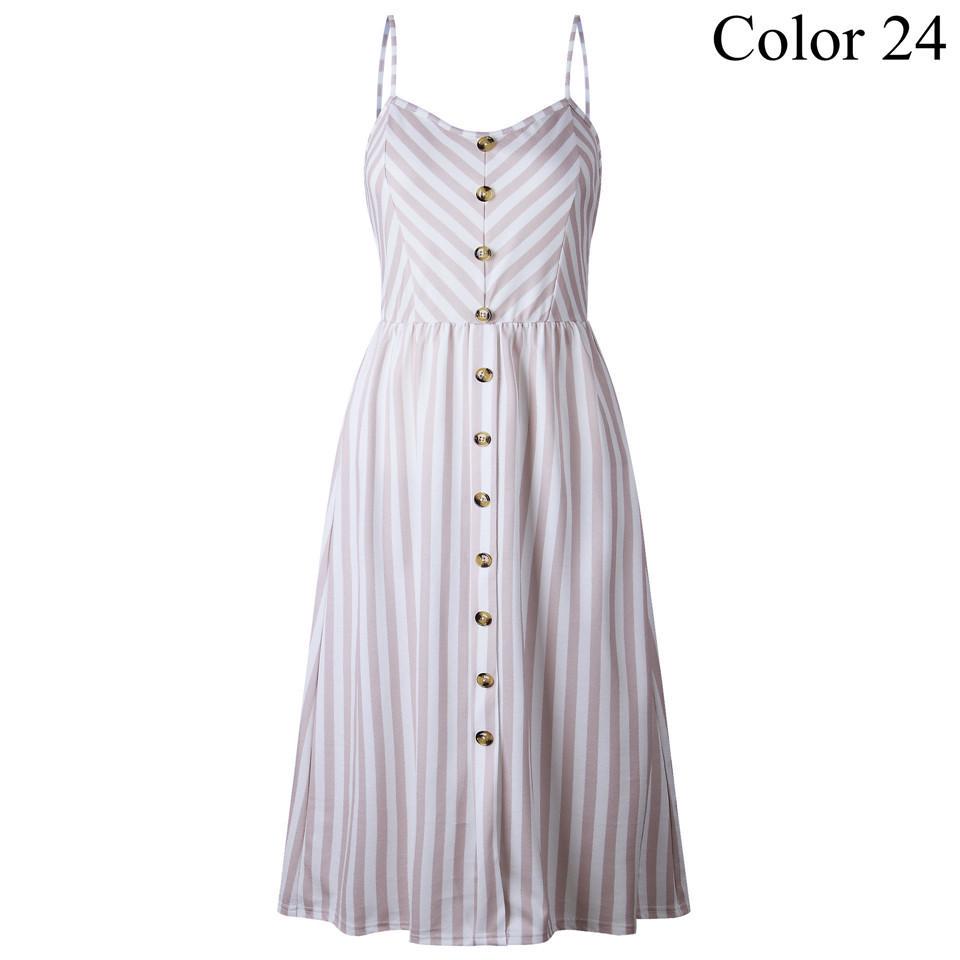 Sexy V Neck Backless Floral Summer Beach Dress Women Striped Button Pineapple Party Midi Dresses