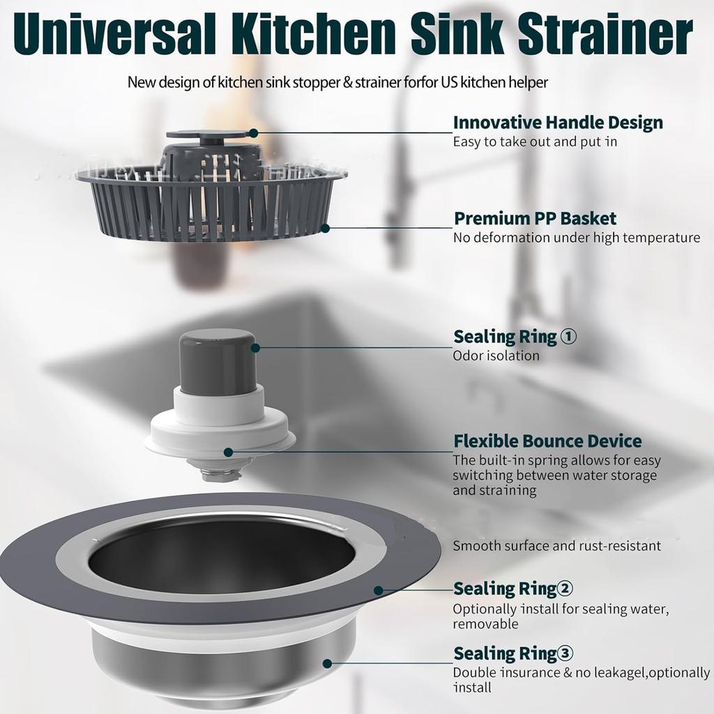 Kitchen Sink Strainer For 3-1/2-inch Drainage Pipes, 304 Stainless Steel Pop Up Sink Stopper, 3 Layers Rubber Rings Anti-Clogging Basket Straine