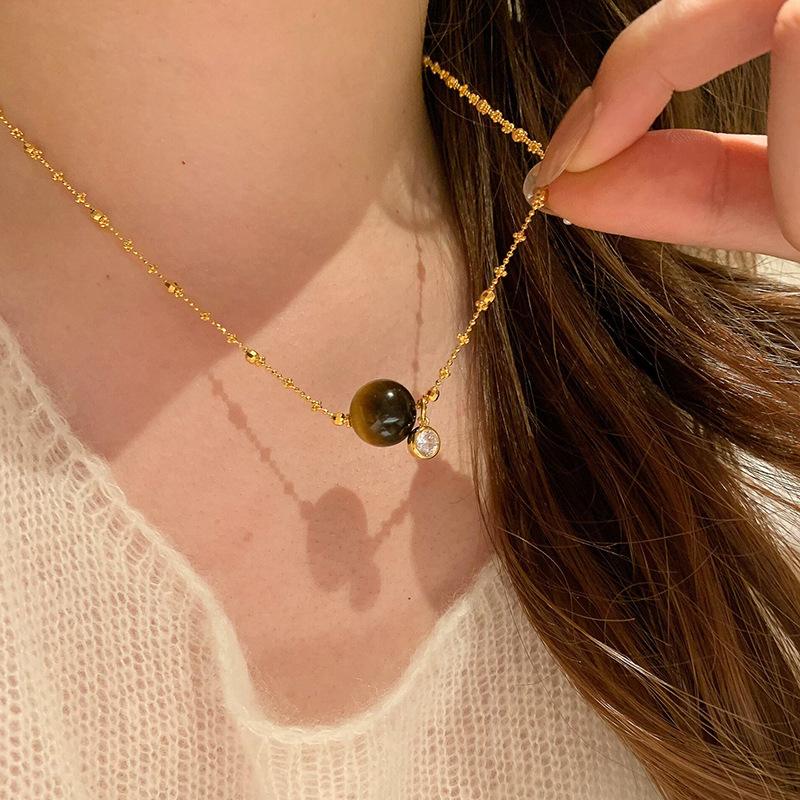 New in round beads tiger eye stone bubble sparkling diamonds necklace retro sweater chain collar chain trendy party jewelry gift