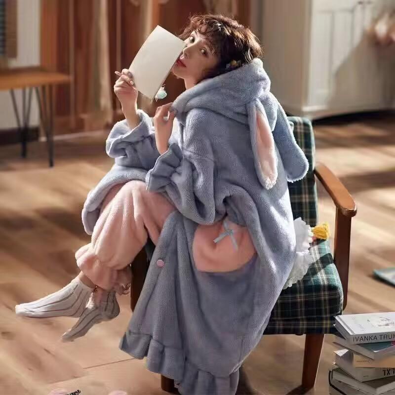 Милая мультяшная домашняя одежда с длинными ушами кролика, фланелевый женский плюшевый халат Kawaii с капюшоном, ночная рубашка из кораллового флиса, домашний комплект