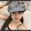 Летний женский берет из денима с бантом и кнопкой «облако», большая окружность головы, показывающая лицо, маленькая восьмиугольная шляпа