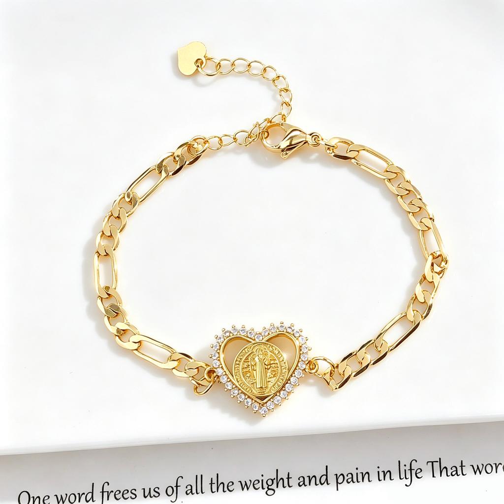 Gold-Plated Figaro Chain Religious Cross Virgin Mary Angel Saint Benedict Bracelet for Men Women PartyFaith Wrist Zircon Jewelry