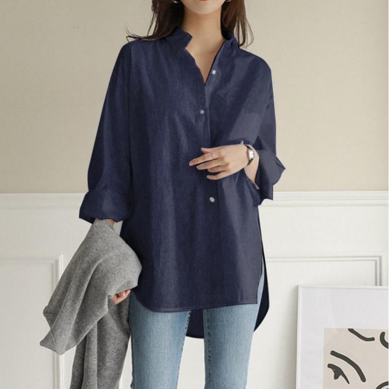 Модные повседневные свободные женские рубашки больших размеров на пуговицах с длинным рукавом, нестандартные осенние белые блузки женские однотонные простые офисные женские блузки топы 26027