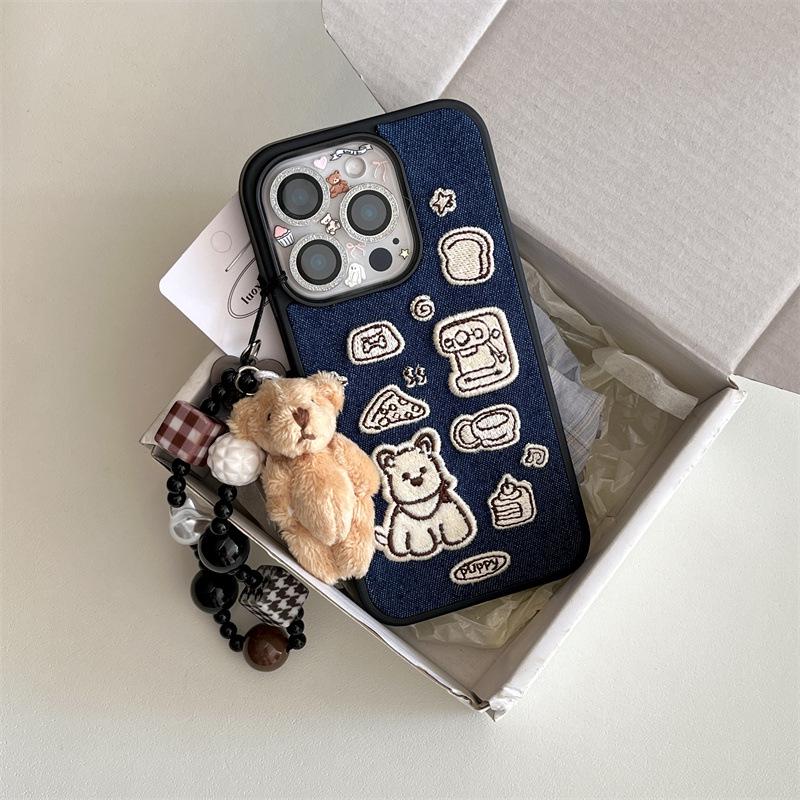 Чехол для iPhone 17/16ProMax/15/14 с цепочкой, японская и корейская вышивка, кофейный терьер