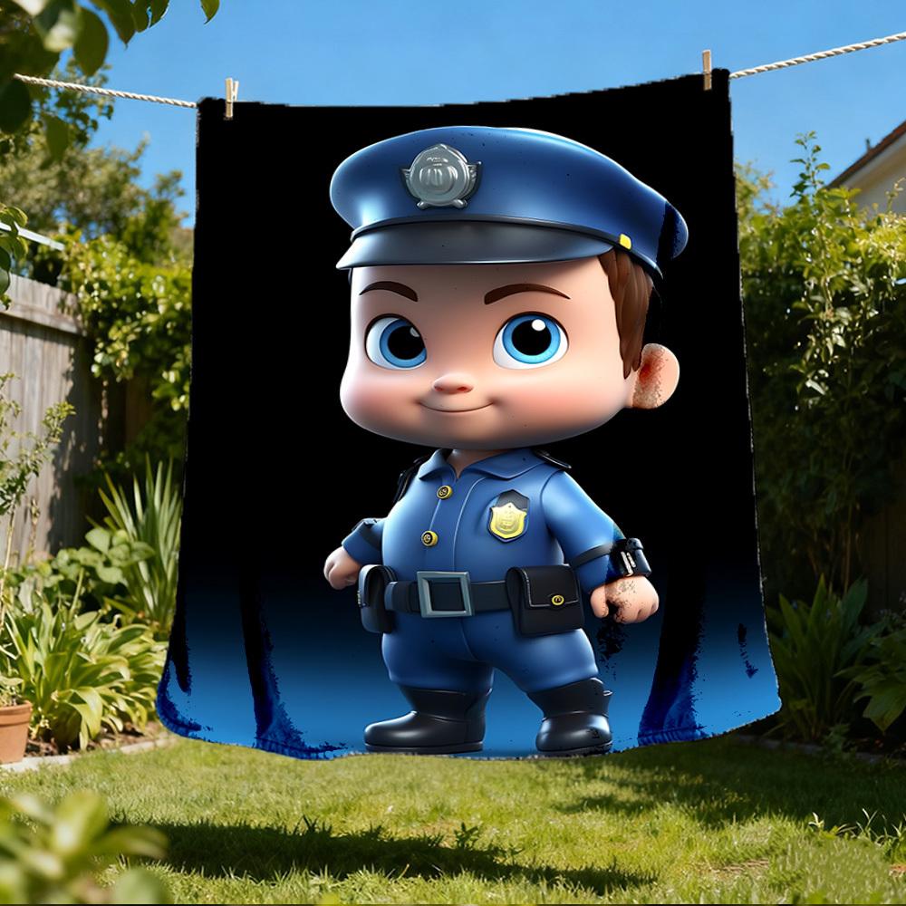 1pc Policeman Print Outdoor Flannel Blanket Soft All Season Polyester Throw , Perfect for Picnics & Travel , Picnic Accessory