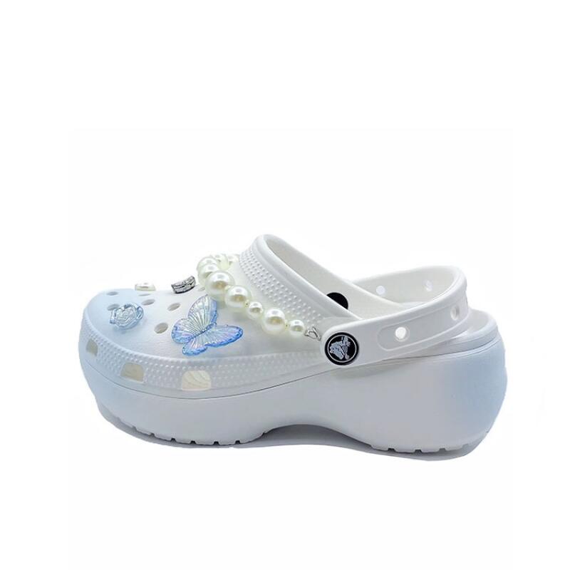 Crocs Платформа Сабо Бая Бабочка Любовь Цветок Школьный Стиль Девочки Пляжные EVA Обувь с Отверстиями Унисекс Белый Синий