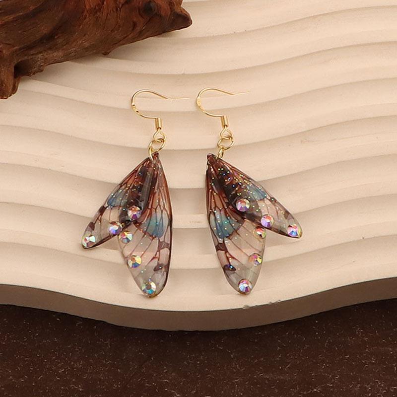 Colorful Resin Rhinestone Double Butterfly Wing Dangle Earrings for Women Wedding Holiday Jewelry