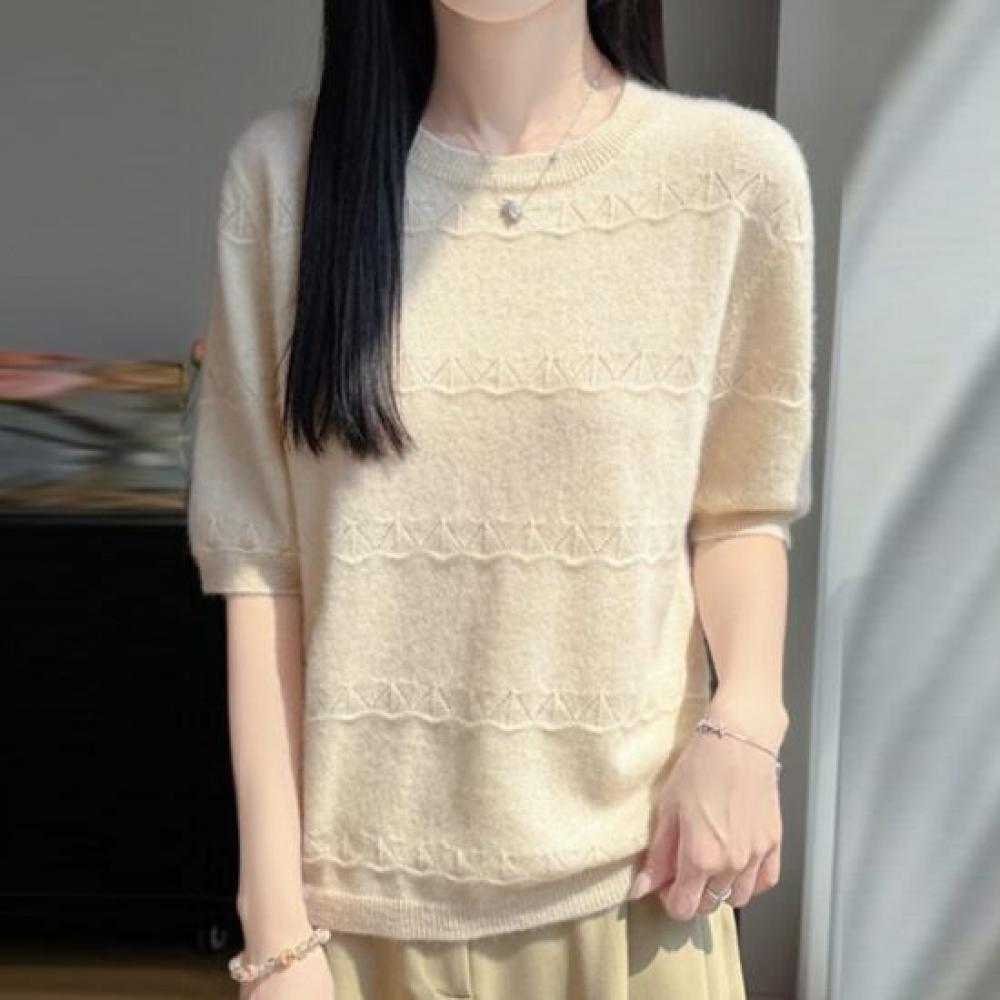 Navava Basic Soft Punching Round Neck 5 Short Sleeve Knit Tee Nk3650