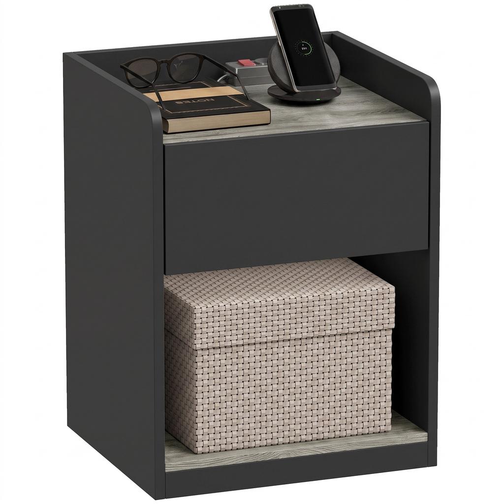 Modern Bedside Table, Slim Nightstand with Drawer, Shelf and Cable Holes, Black and Grey Wood Effect